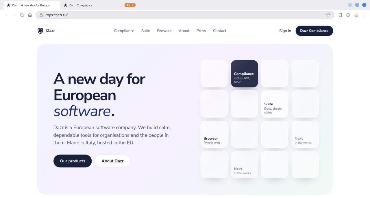 The Dazr Browser window showing dazr.eu, with a second tab open on Dazr Compliance
